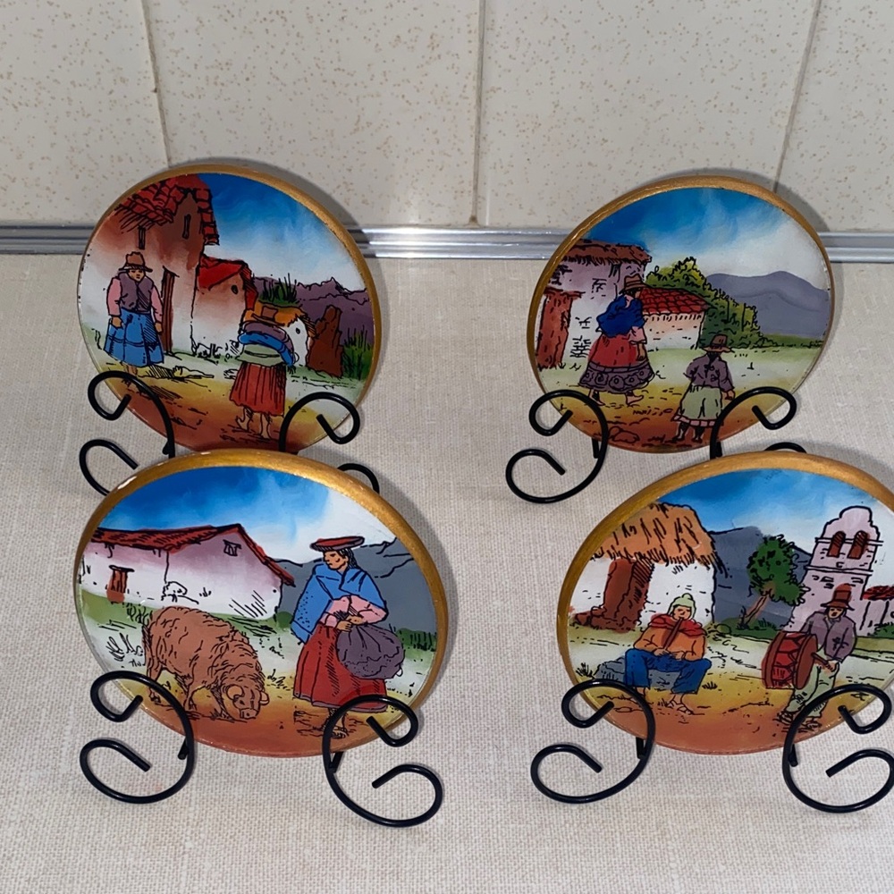 Vintage Peruvian Wood  Art Coasters Set of 4 ‎ Village Scenes with stands